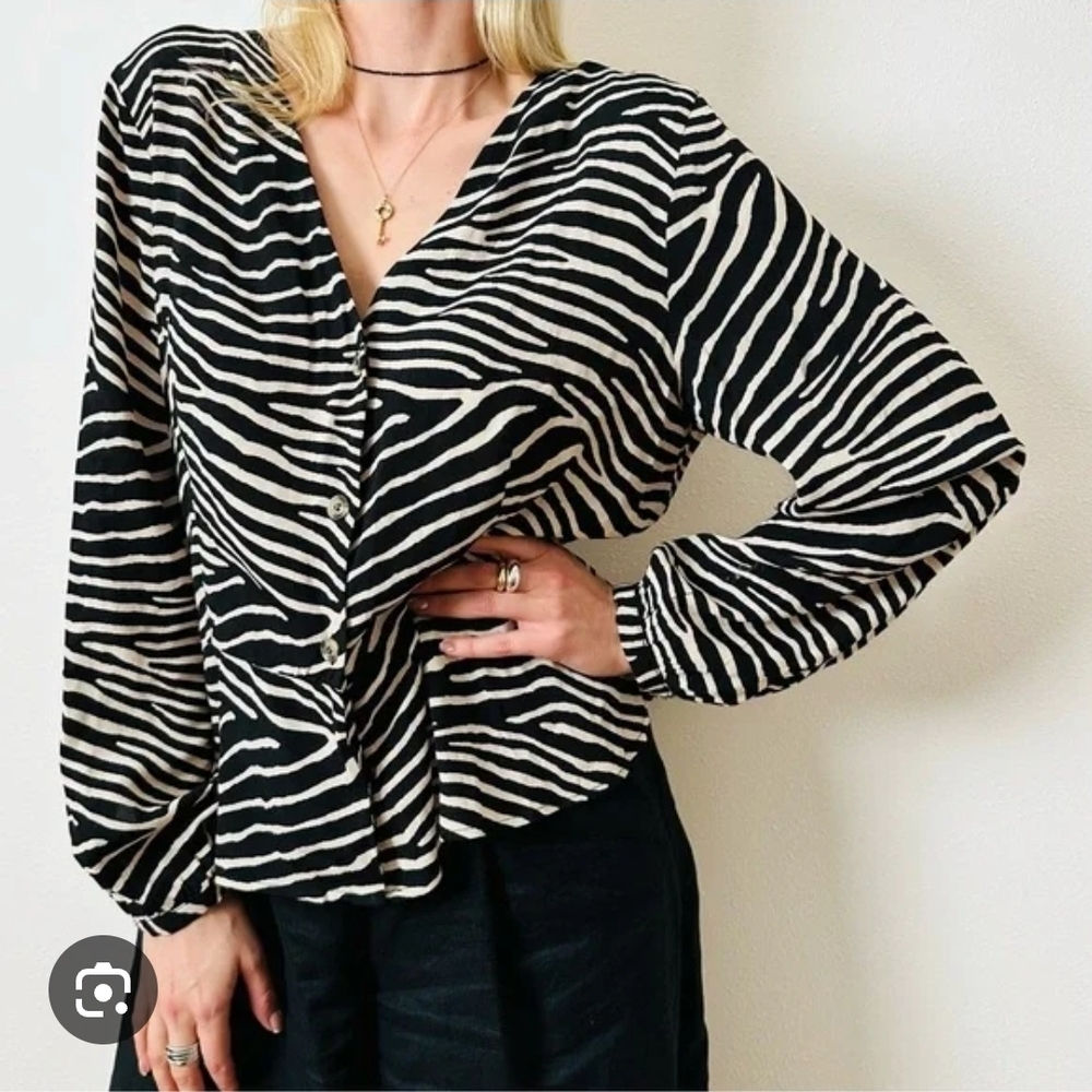 H&M Zebra Print V-Neck Top‎ Blouse Long Sleeve Button Front US 10